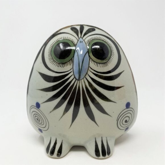Tonala Owl Mexican Folk Art Pottery Figurine Hand Painted Bird & Flowers Design - Picture 1 of 13